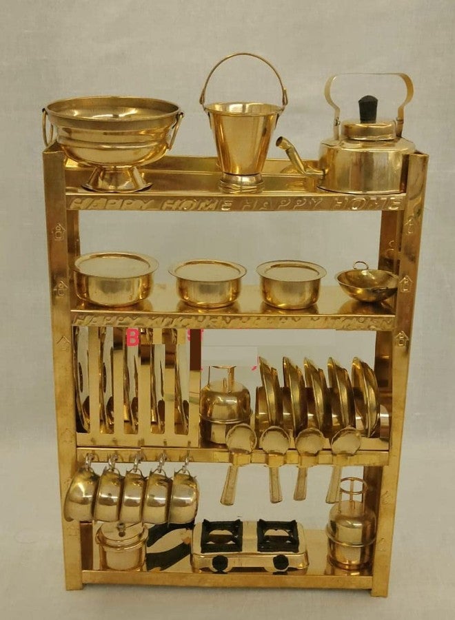 Tirtha Enterprises Handcrafted Brass Miniature Kitchen Set/Bhatukali/Toy Set/Home Decor/choppu Jaman/Real Cooking Kit for Play with Brass Stand (Style 1) - Image 1
